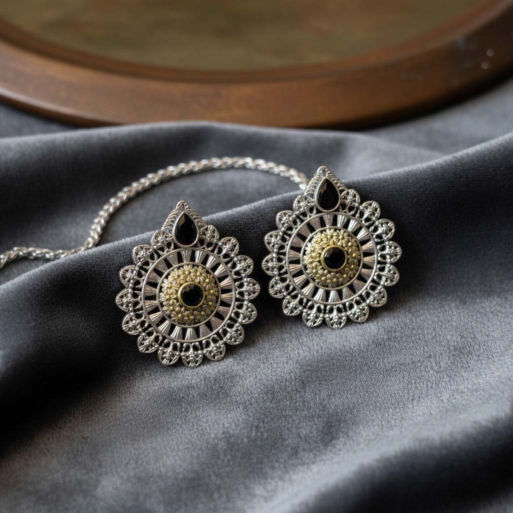 Black Color Oxidised Earrings Created With Expressive Dual-Tone Depth For Strong Cultural Styling