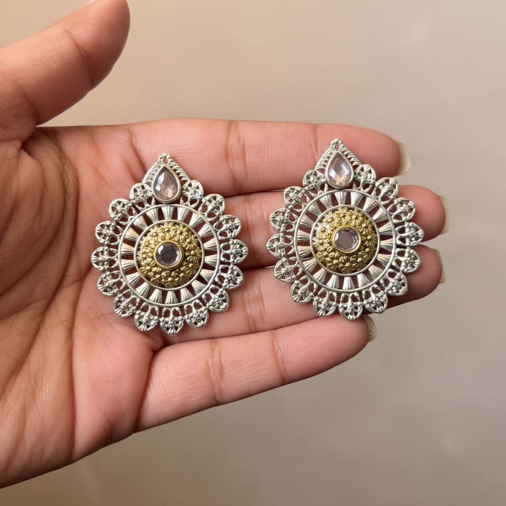 Gold & Silver Color Oxidised Earrings Delivering Dual-Tone Appeal For Festive And Wedding Attire