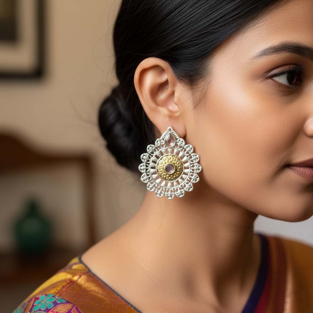 Gold & Silver Color Oxidised Earrings Delivering Dual-Tone Appeal For Festive And Wedding Attire