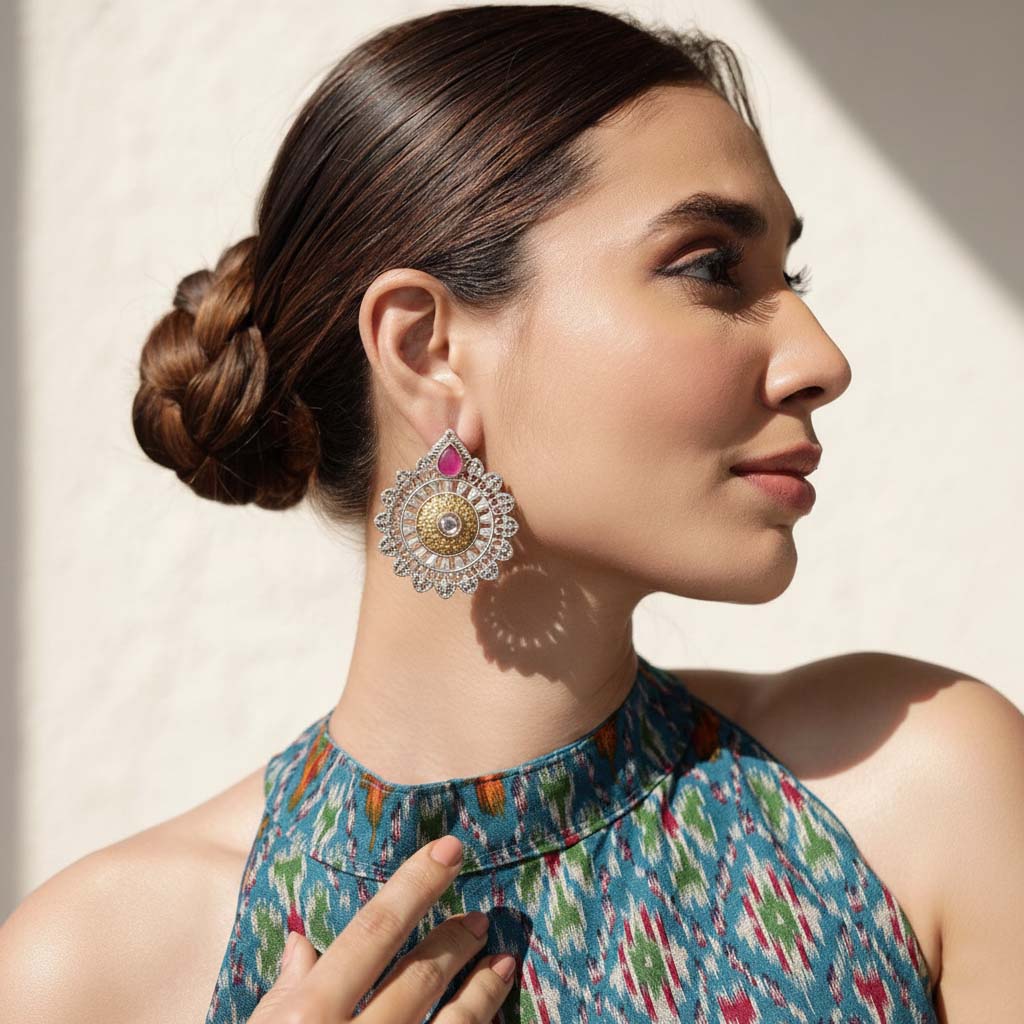 Rani Color Oxidised Earrings Made With Dual-Tone Finish Ideal For Elegant Ethnic Celebrations