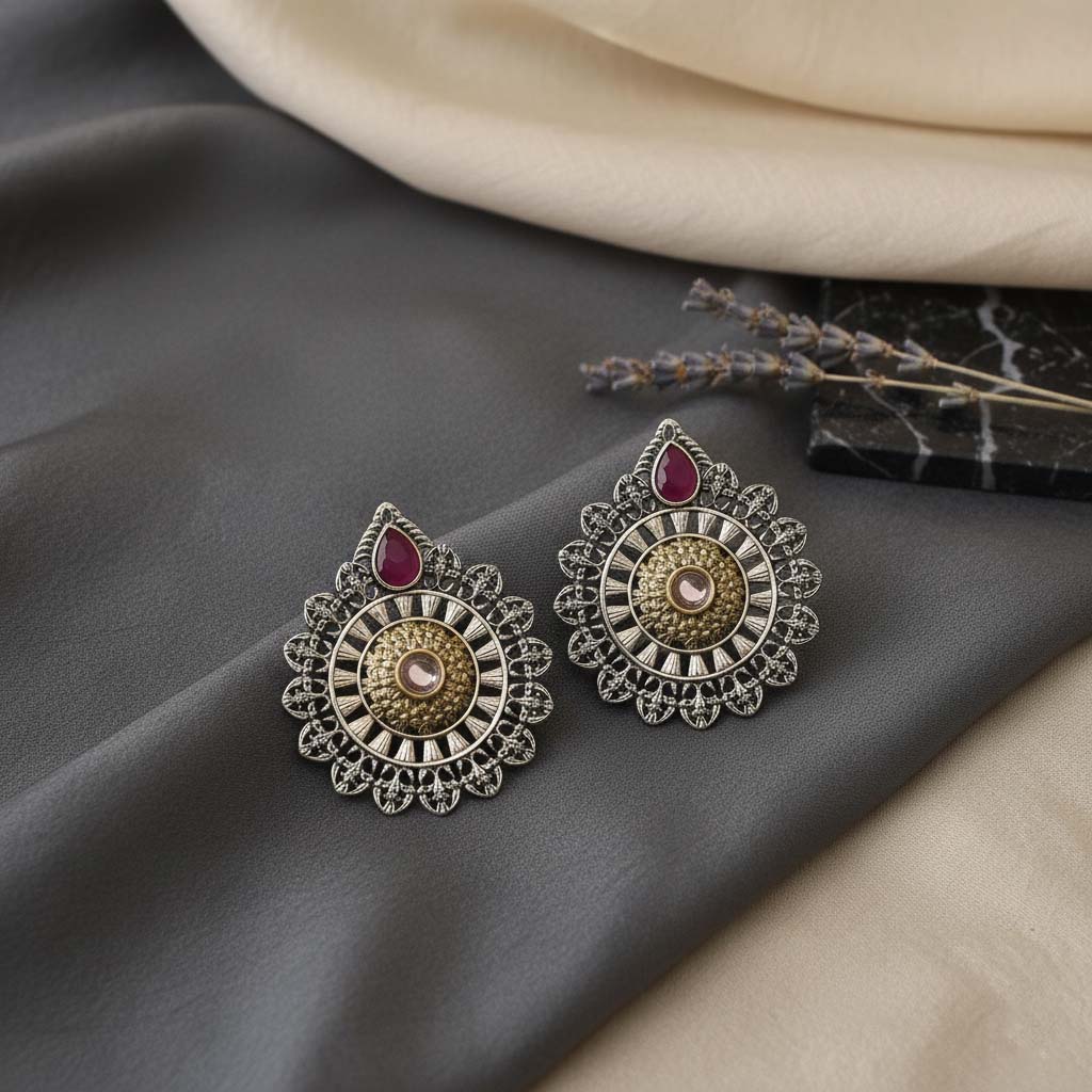 Rani Color Oxidised Earrings Made With Dual-Tone Finish Ideal For Elegant Ethnic Celebrations