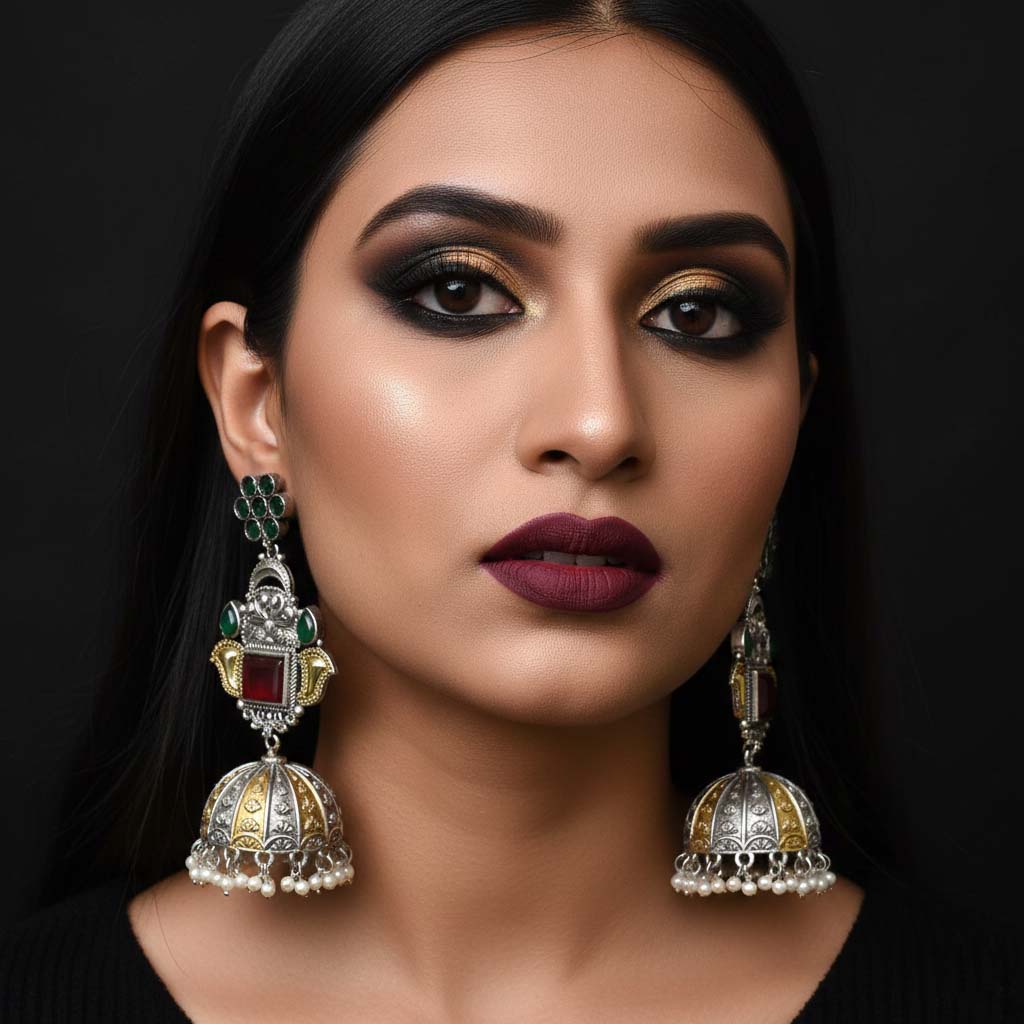Maroon & Green Color Oxidised Earrings Blending Dual-Tone Shades For Rich Traditional Elegance