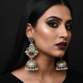 Maroon & Green Color Oxidised Earrings Blending Dual-Tone Shades For Rich Traditional Elegance