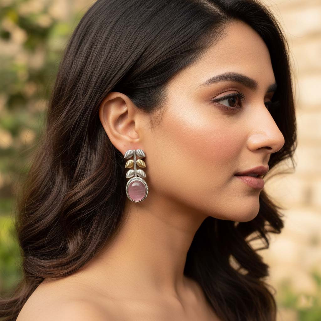 Light Pink Color Oxidised Earrings Crafted With Dual-Tone Grace Perfect For Soft Festive Looks