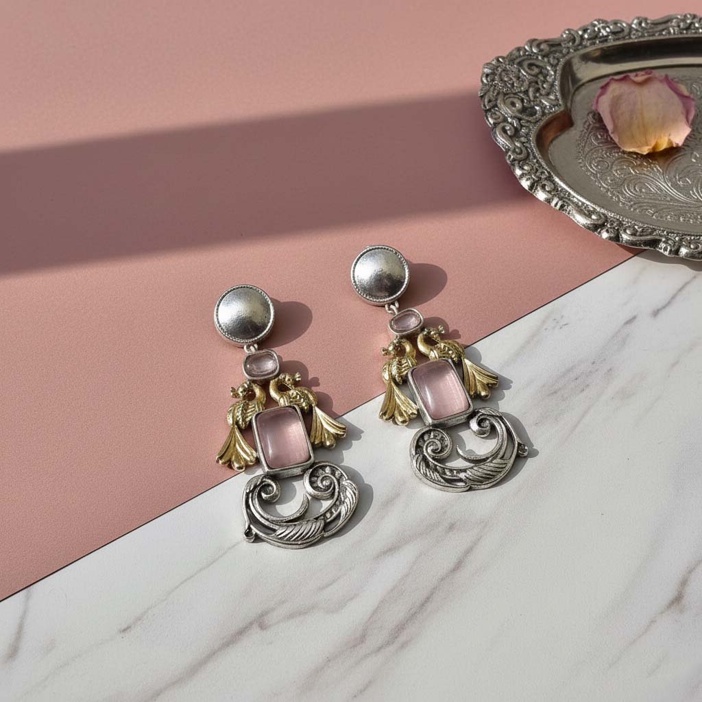 Light Pink Color Oxidised Earrings Featuring Delicate Dual-Tone Craftsmanship For Charming Ethnic Appeal