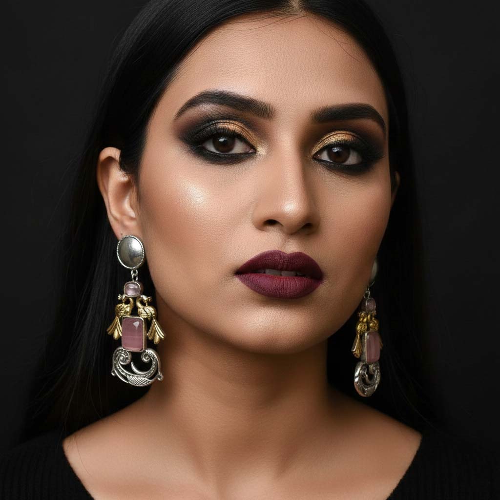 Light Pink Color Oxidised Earrings Featuring Delicate Dual-Tone Craftsmanship For Charming Ethnic Appeal