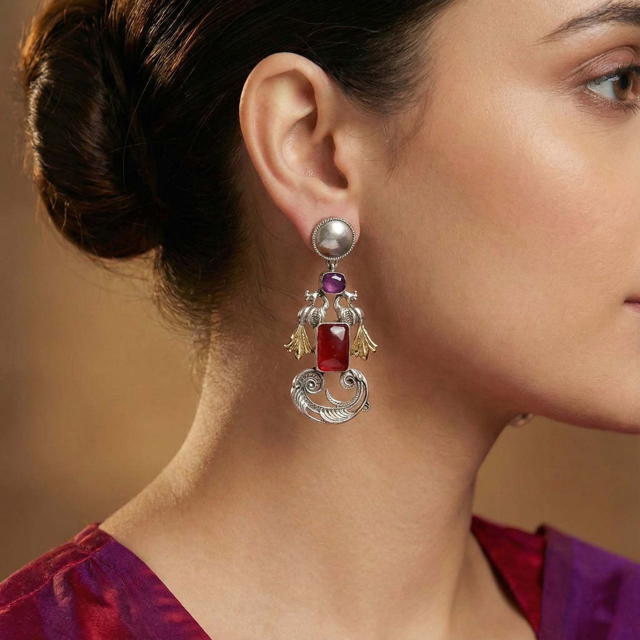 Red Color Oxidised Earrings Showcasing Vibrant Dual-Tone Shine Ideal For Festive Traditional Styling