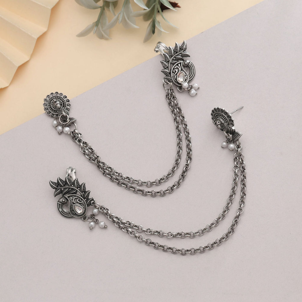 Silver Color Oxidised Ear Cuff Stylish Minimal Modern Statement Jewelry Design