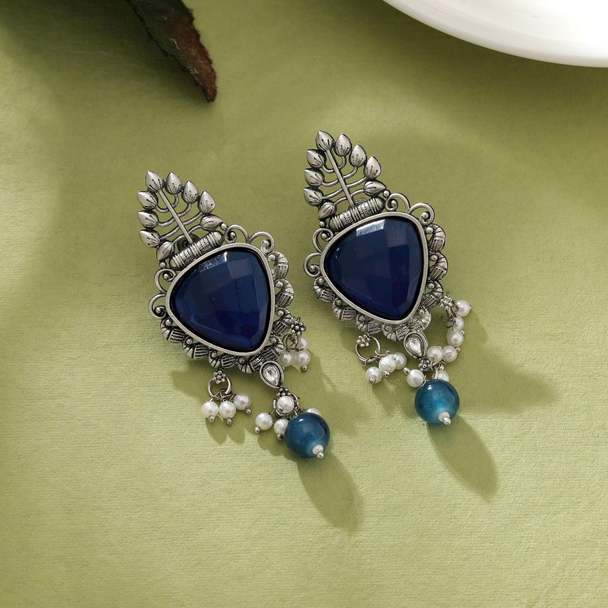 Blue Oxidised Earrings Antique