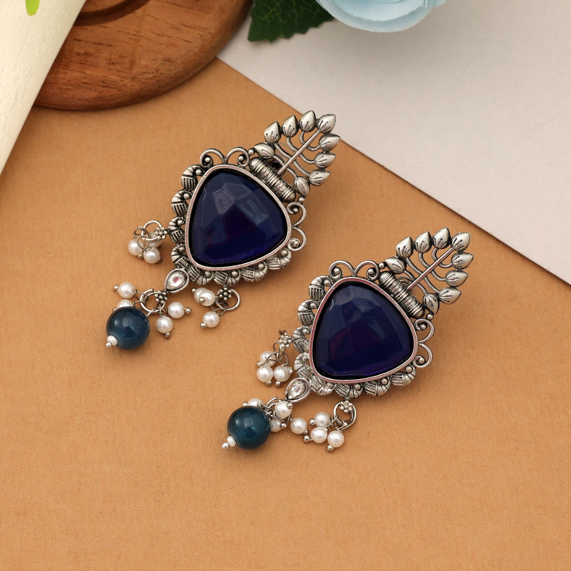 Blue Oxidised Earrings Antique