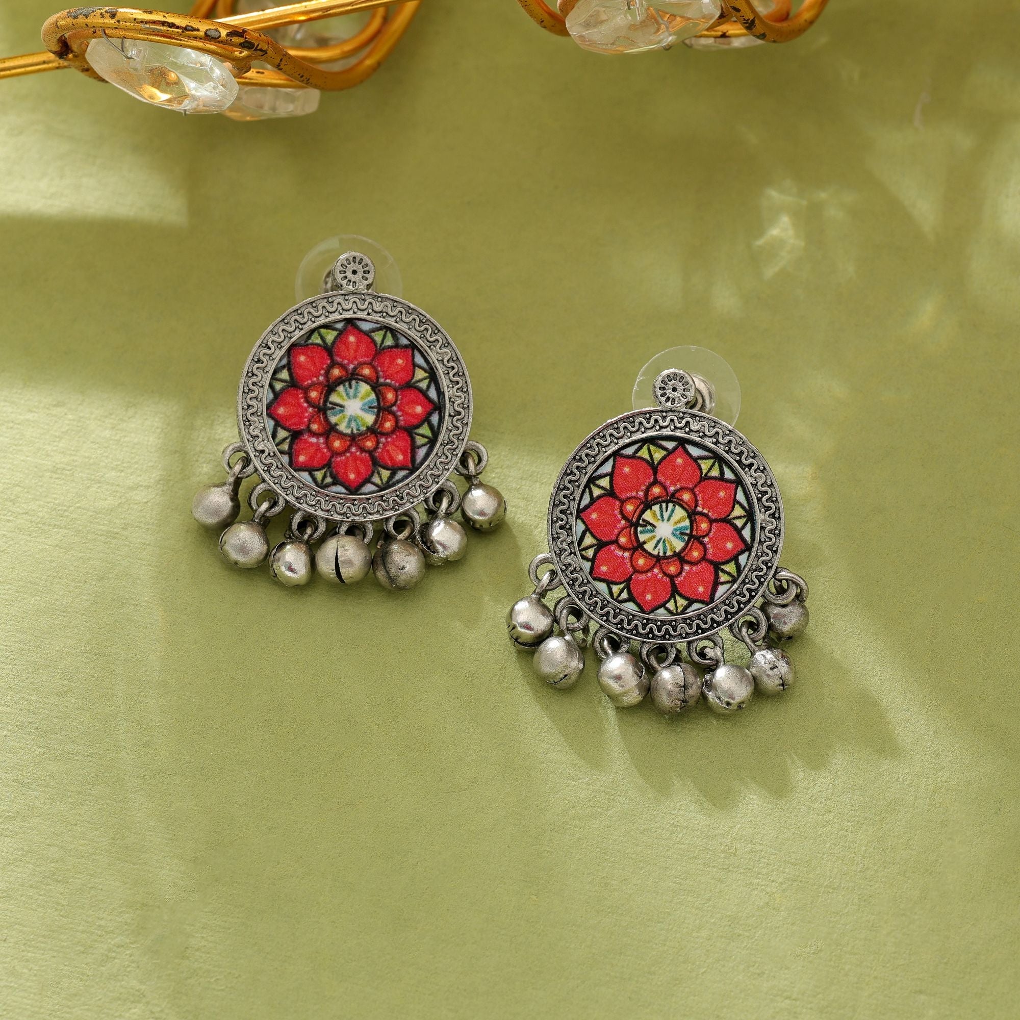 Orange Meena Oxidised Earrings Festive