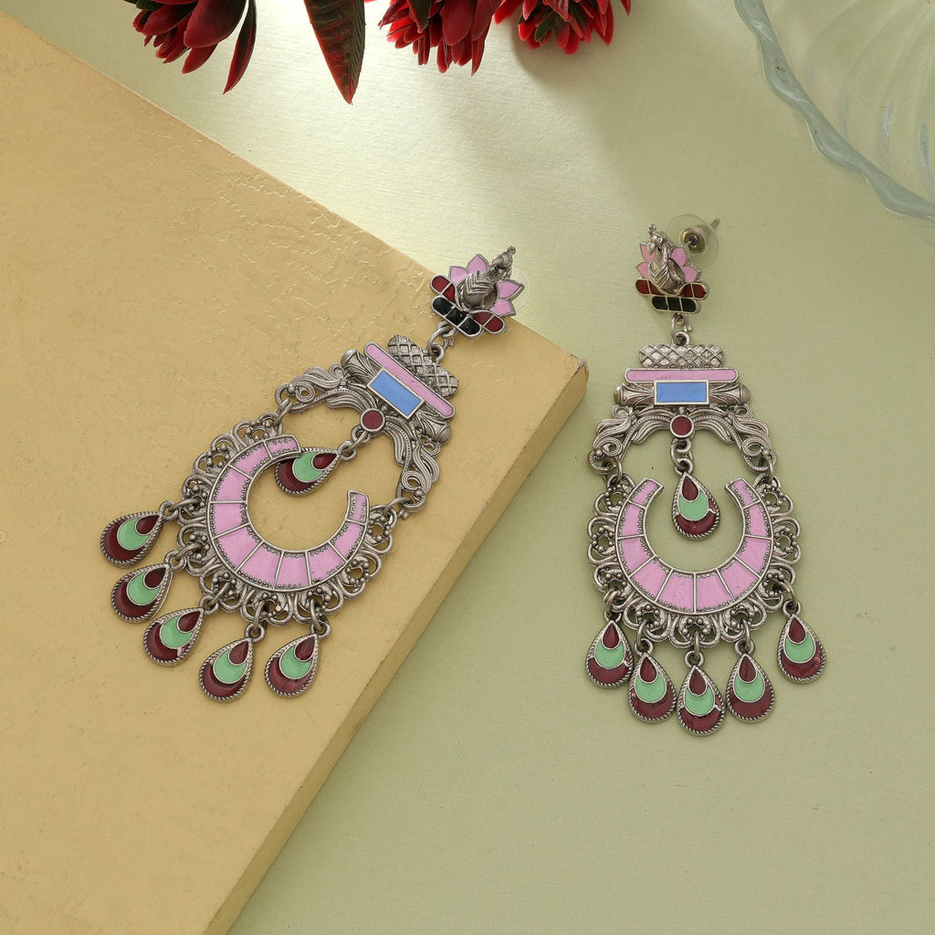 Pink Meena Oxidised Earrings Designer