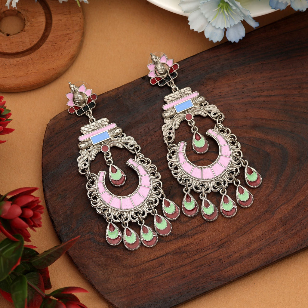 Pink Meena Oxidised Earrings Designer