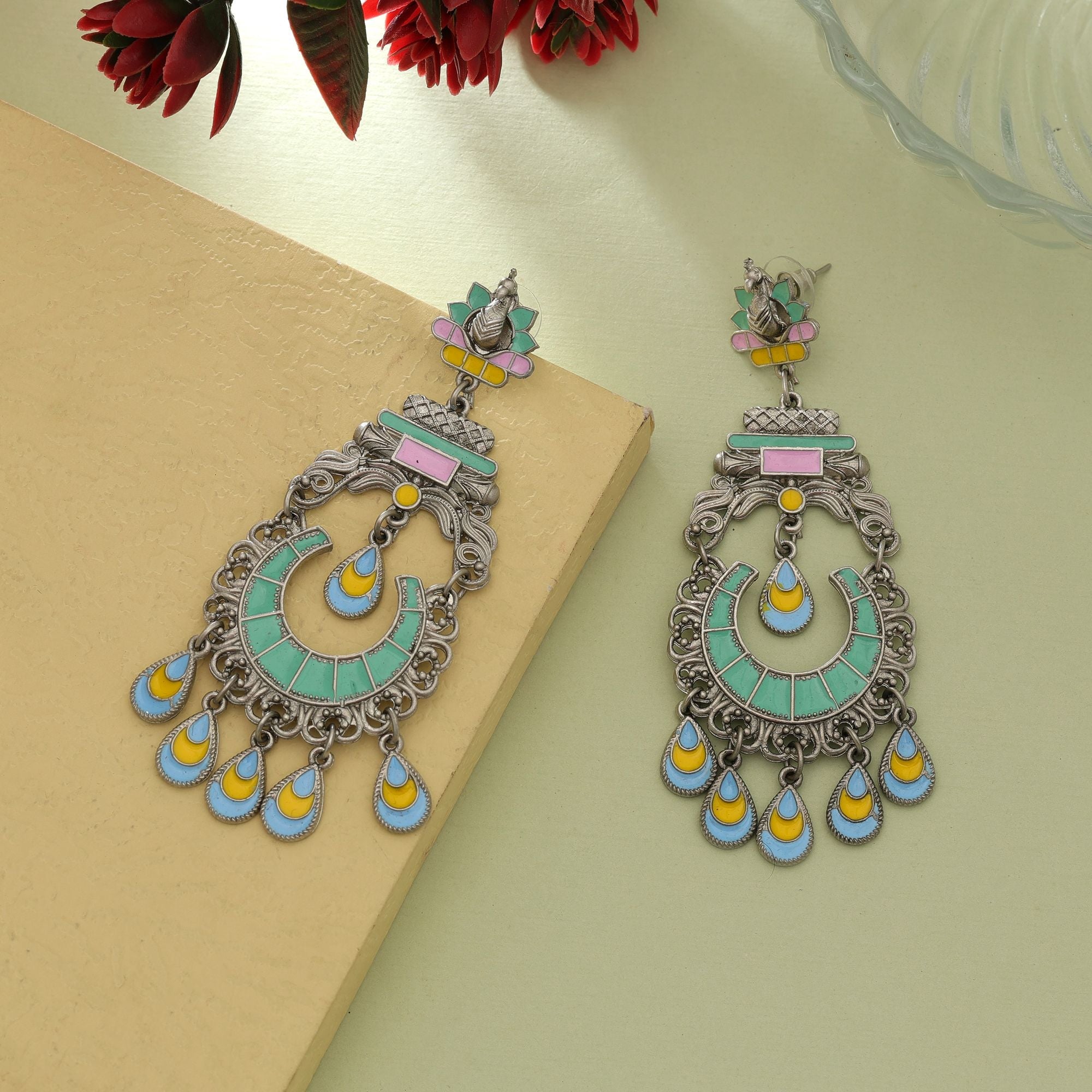 Rama Green Meena Oxidised Earrings Festive