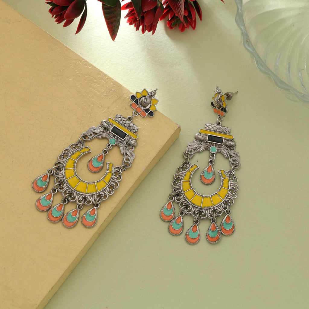 Yellow Meena Oxidised Earrings Elegant