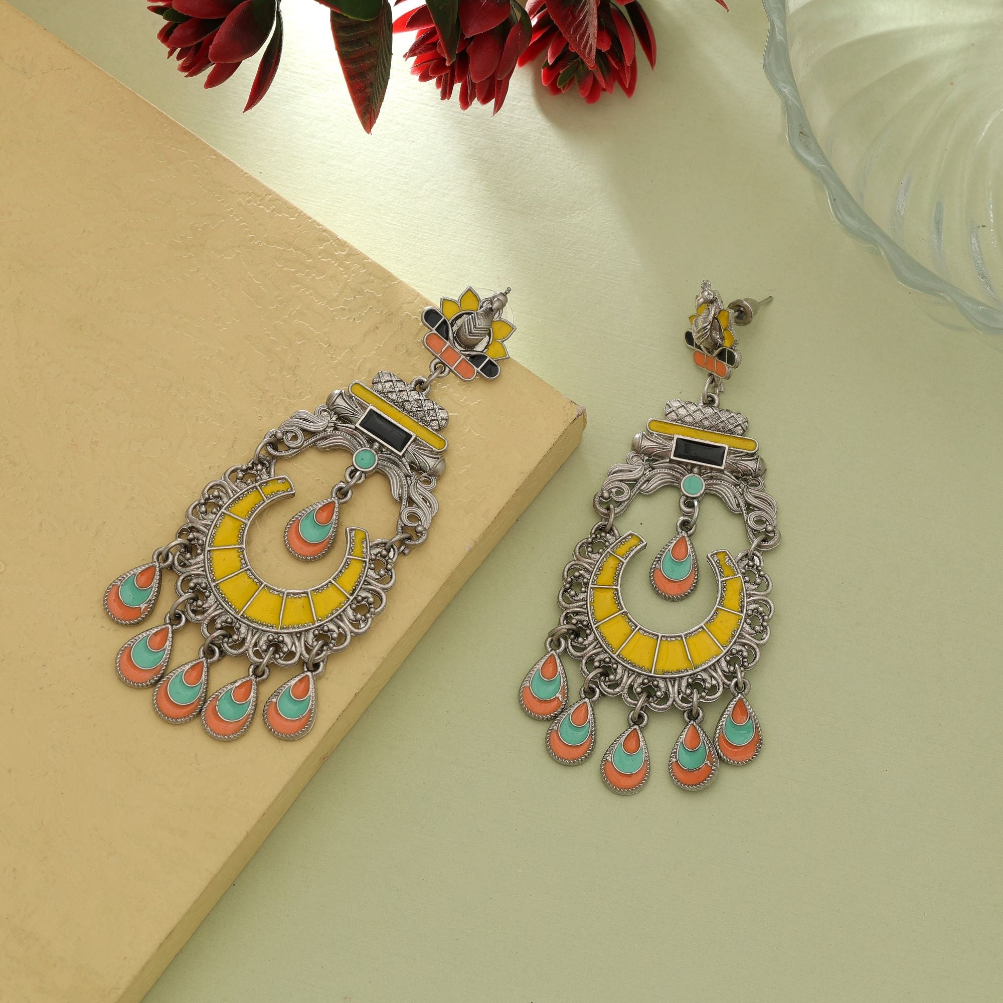 Yellow Meena Oxidised Earrings Elegant