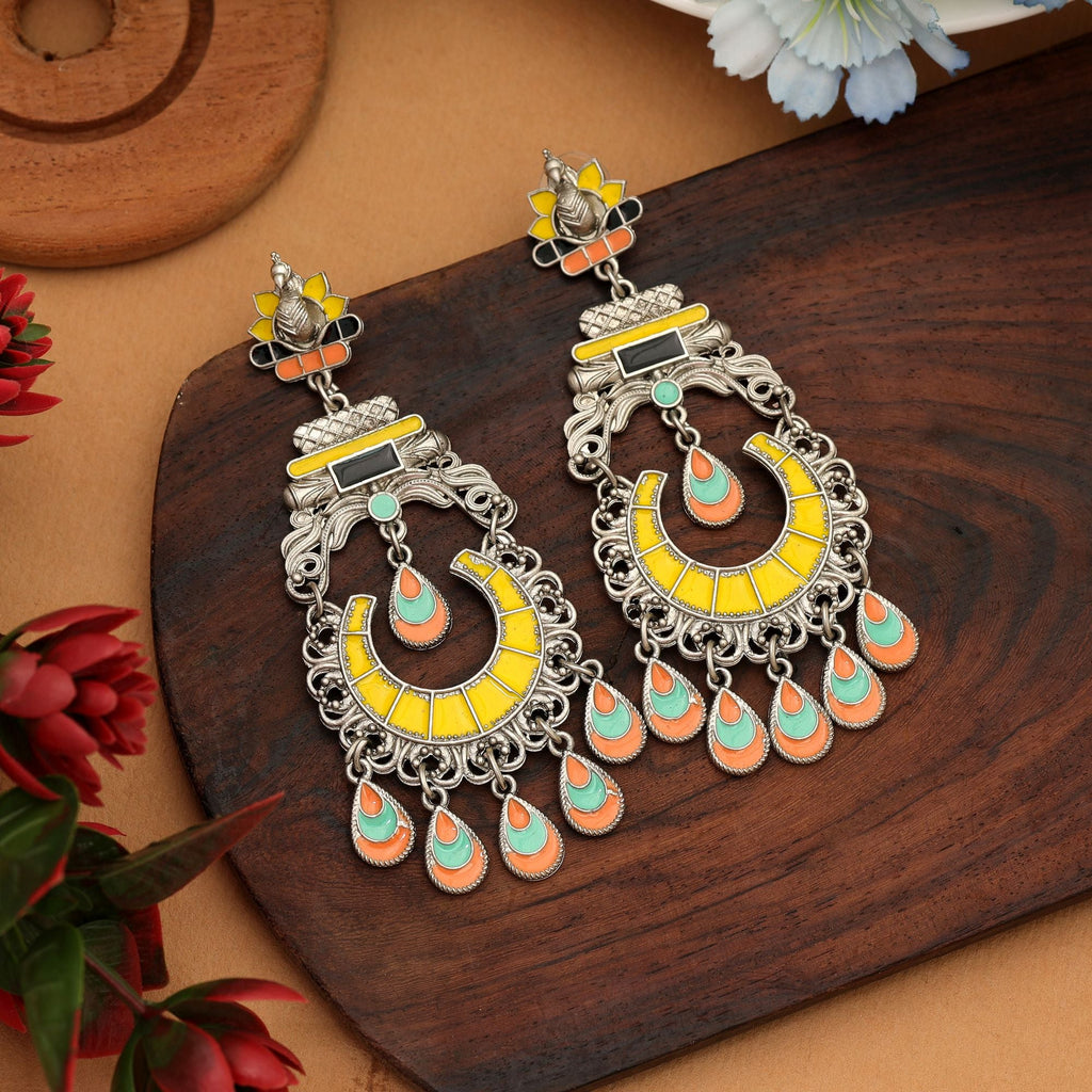 Yellow Meena Oxidised Earrings Elegant
