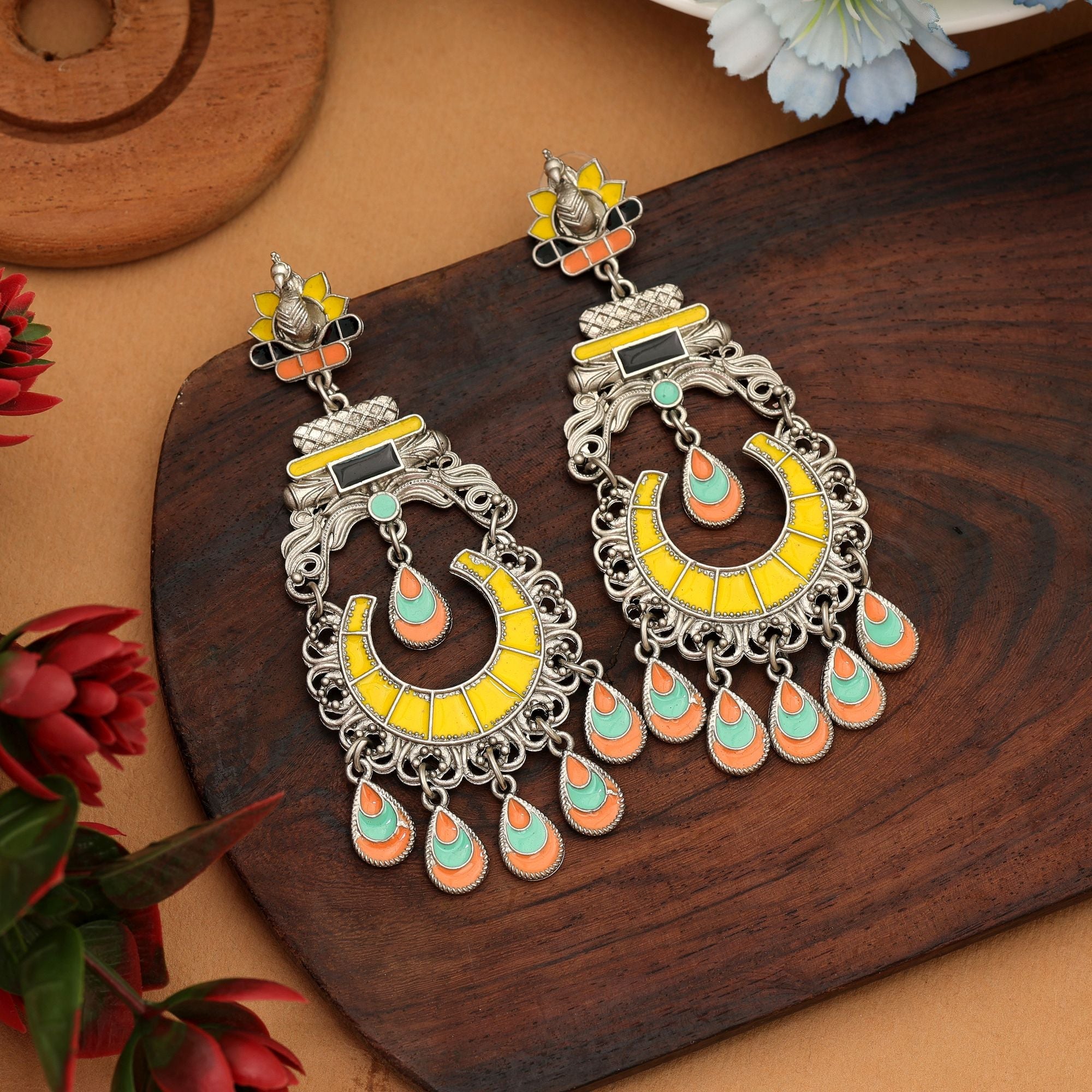 Yellow Meena Oxidised Earrings Elegant