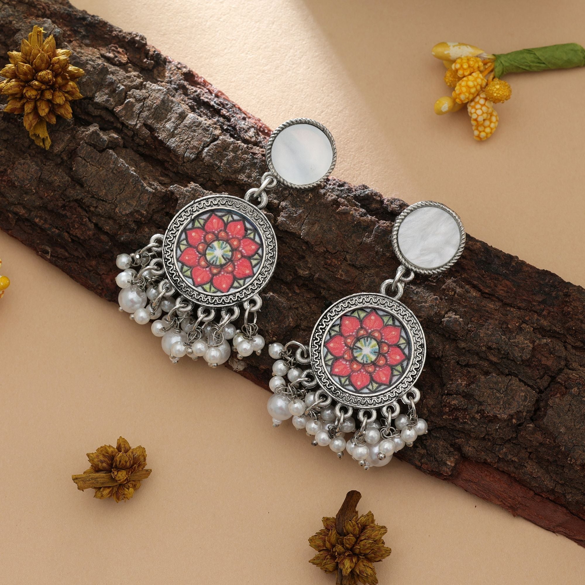 Orange Color Oxidised Earrings Traditional