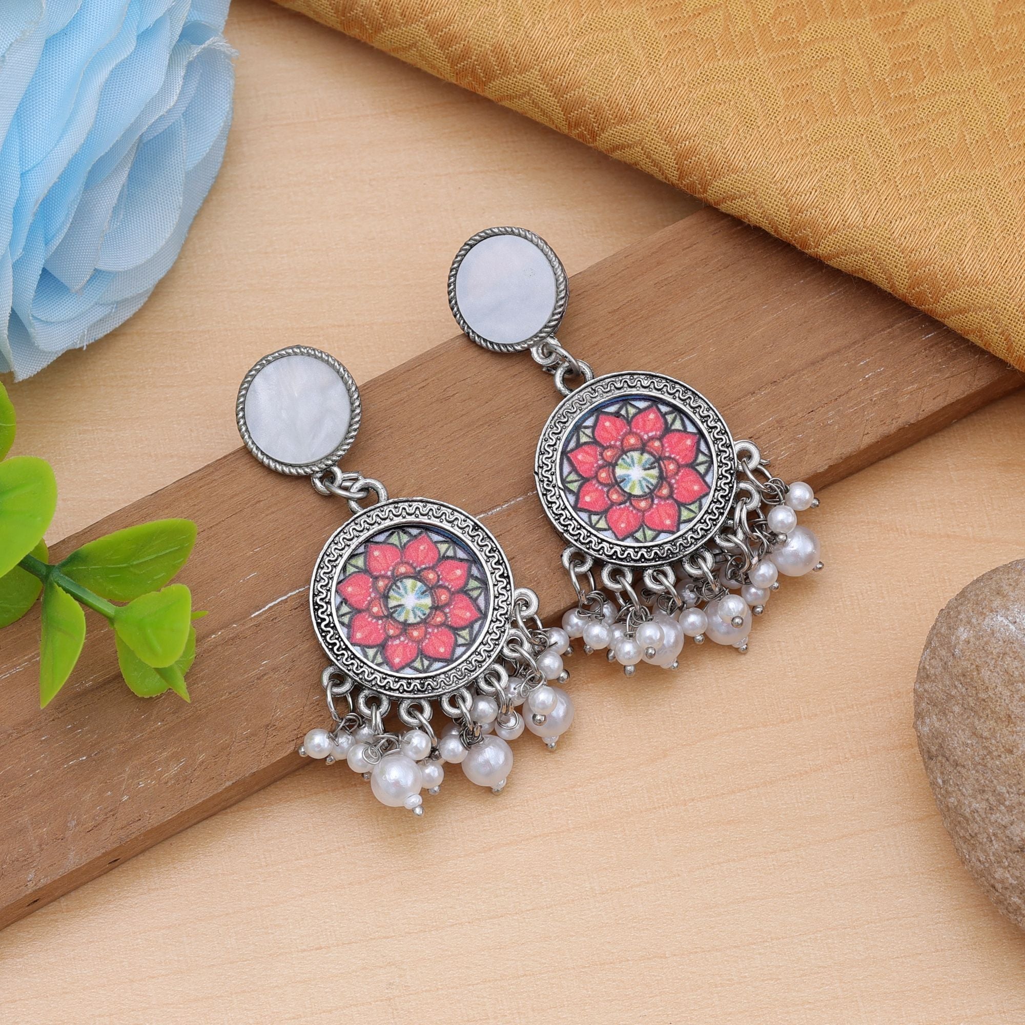 Orange Color Oxidised Earrings Traditional
