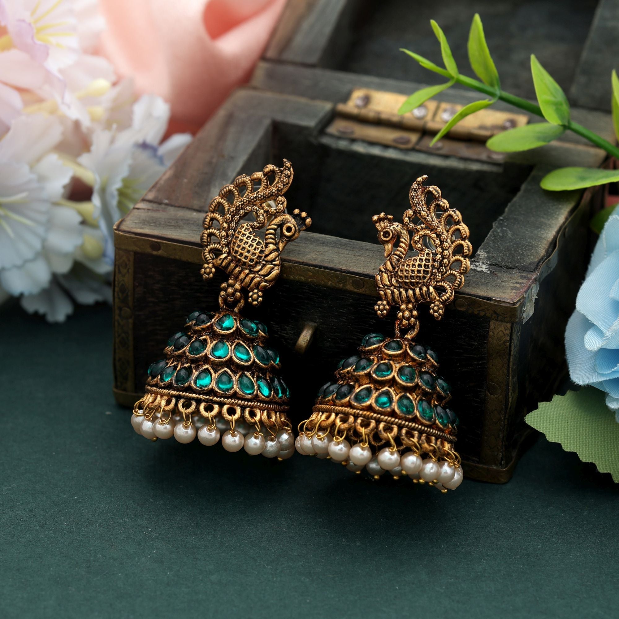 Green Color Oxidised Earrings Ethnic Detailing