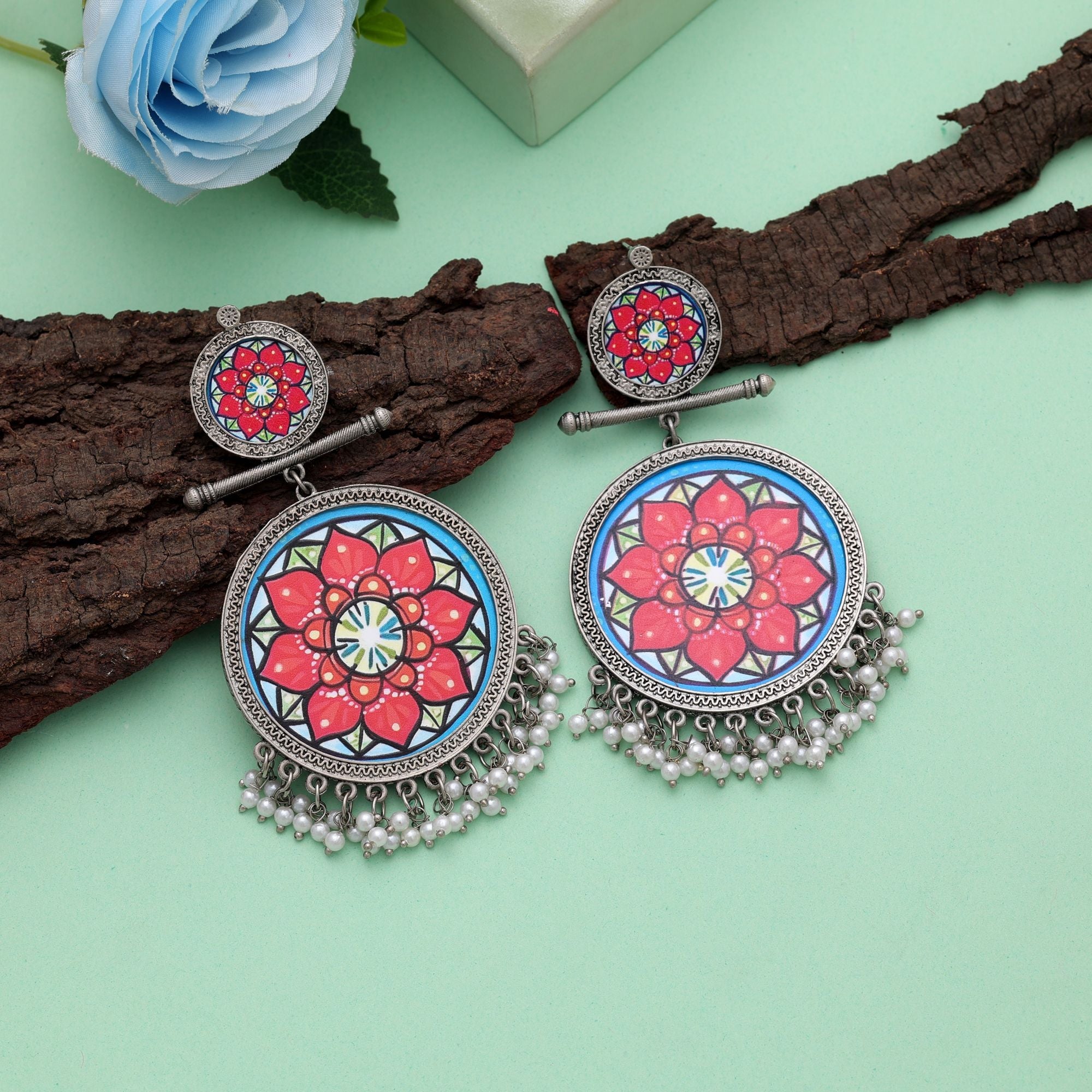 Multi Color Meena Work Oxidised Earrings Tribal Pattern