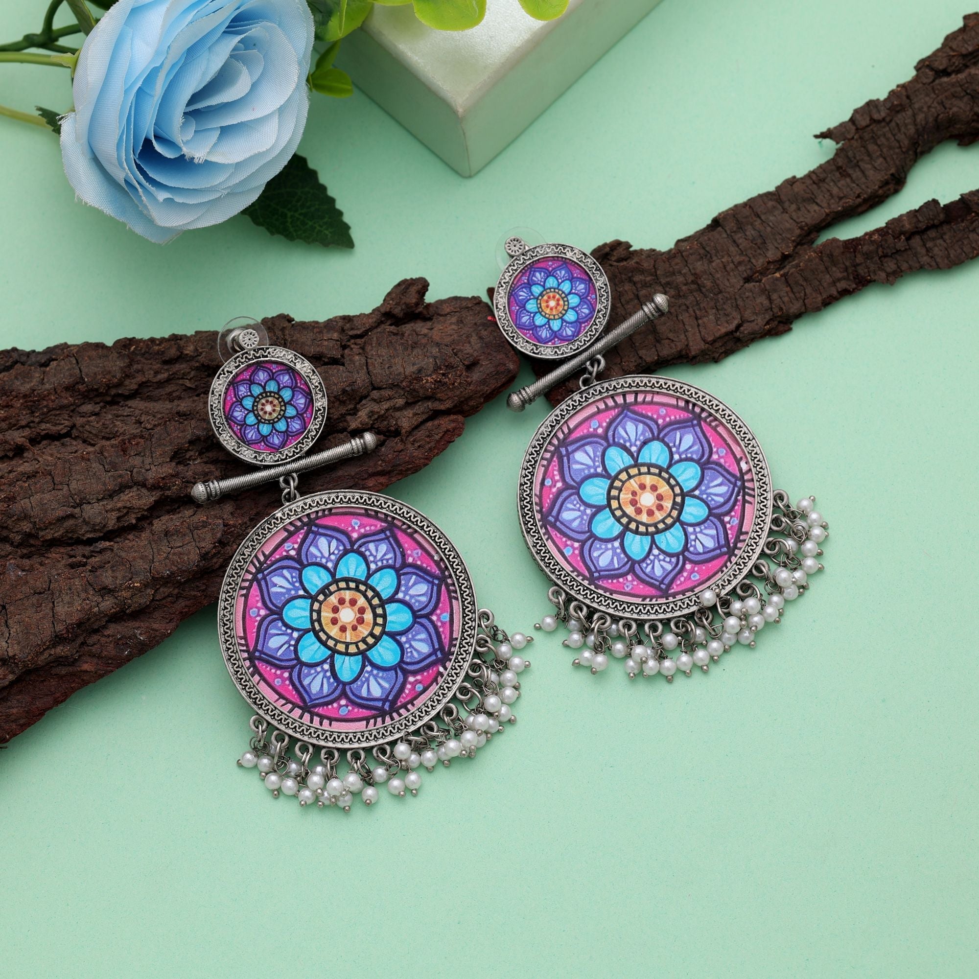 Multi Color Meena Work Oxidised Earrings Handmade Design