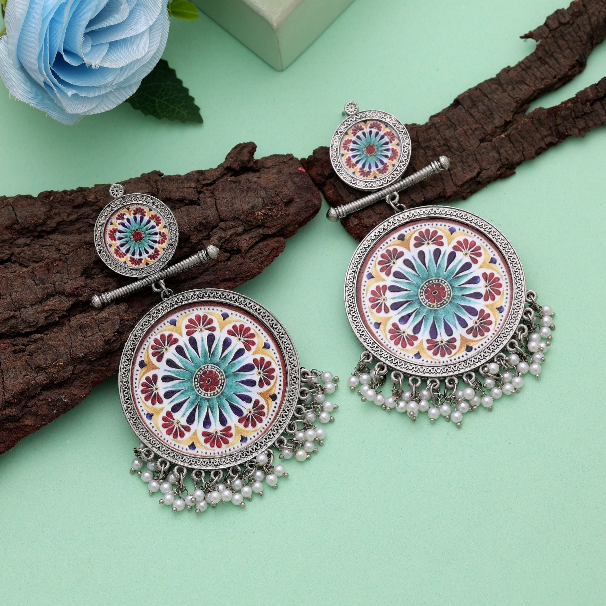 Multi Color Meena Work Oxidised Earrings Artistic Style