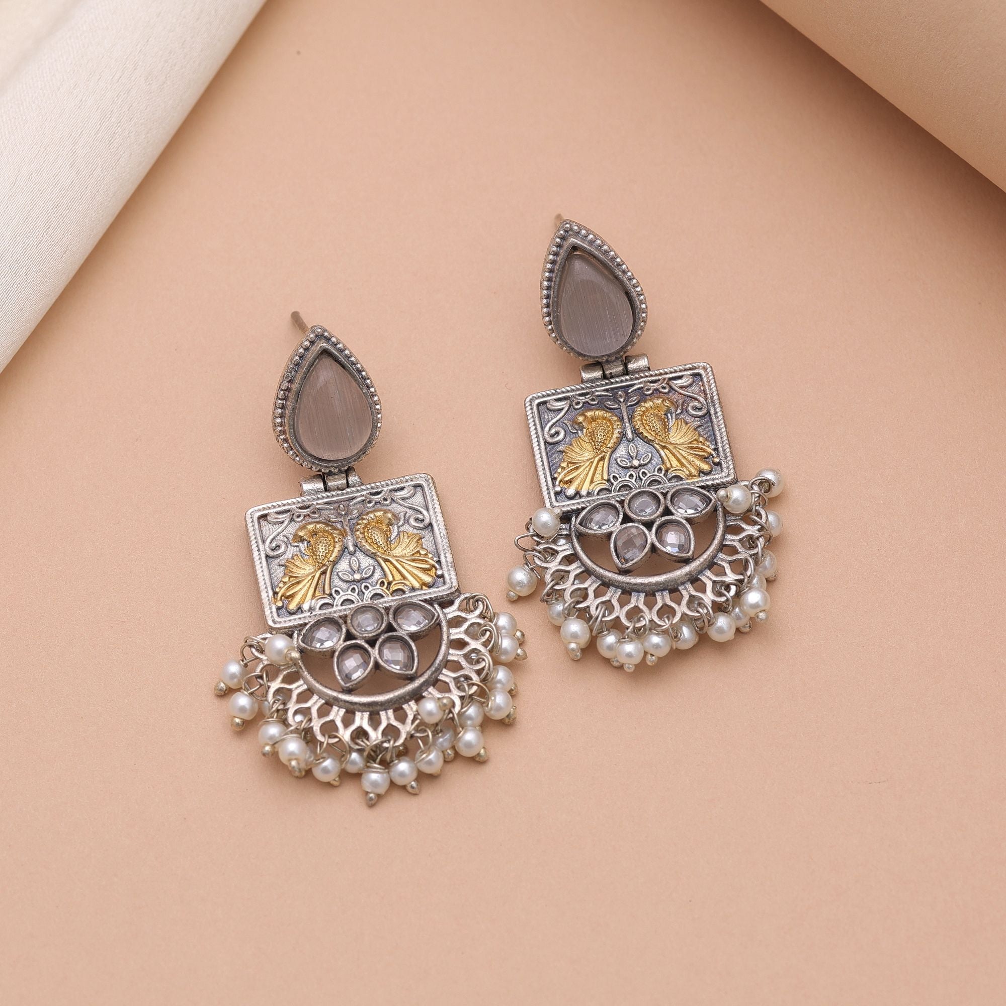 Grey Color Dual Tone Oxidised Earrings