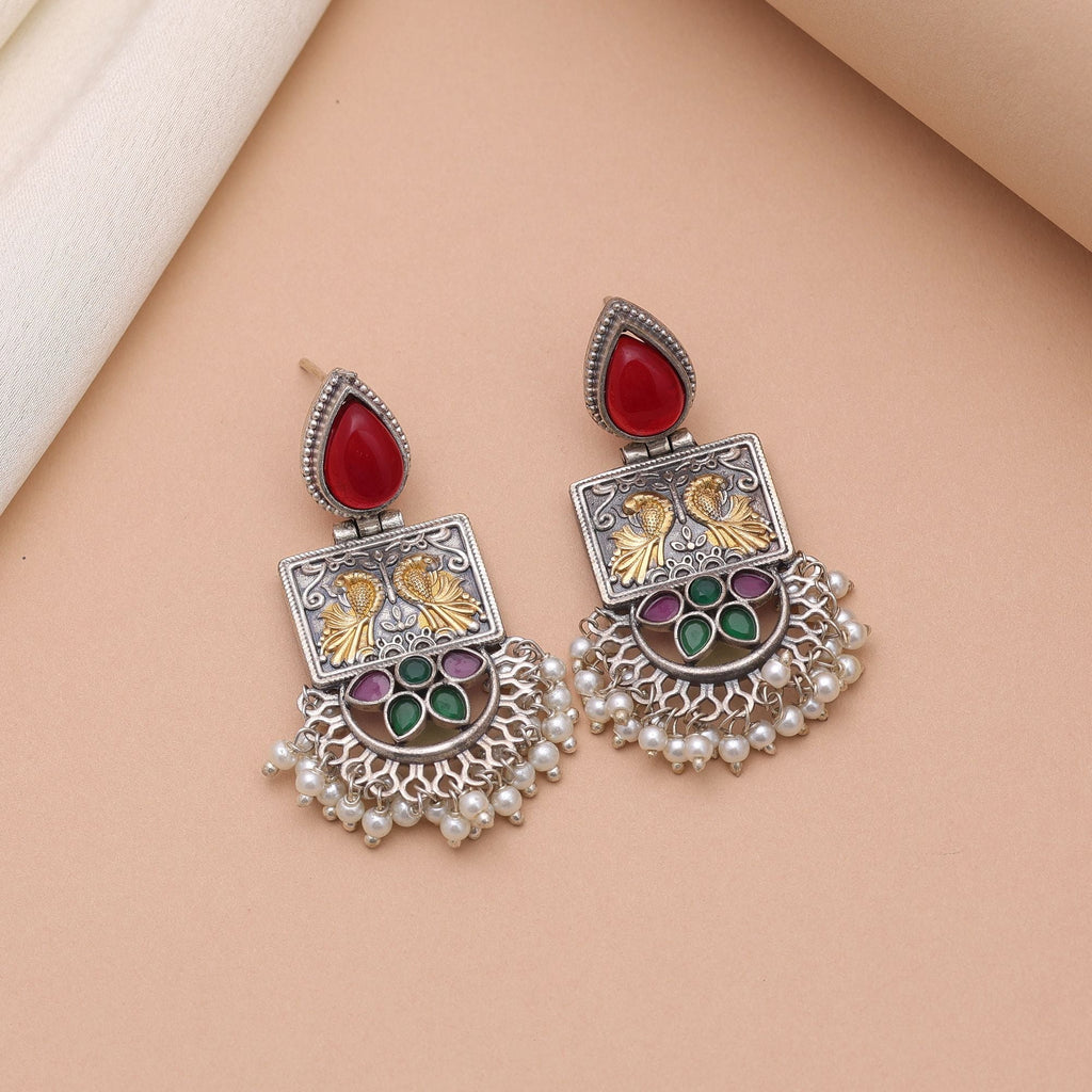 Maroon & Green Color Dual Tone Oxidised Earrings