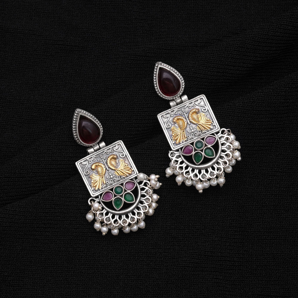 Maroon & Green Color Dual Tone Oxidised Earrings