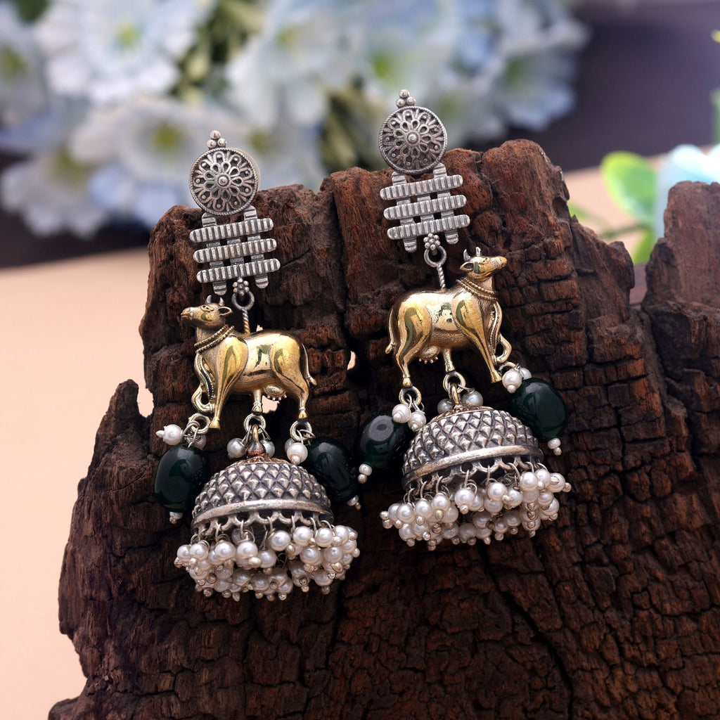 Green Color Dual Tone Oxidised Earrings