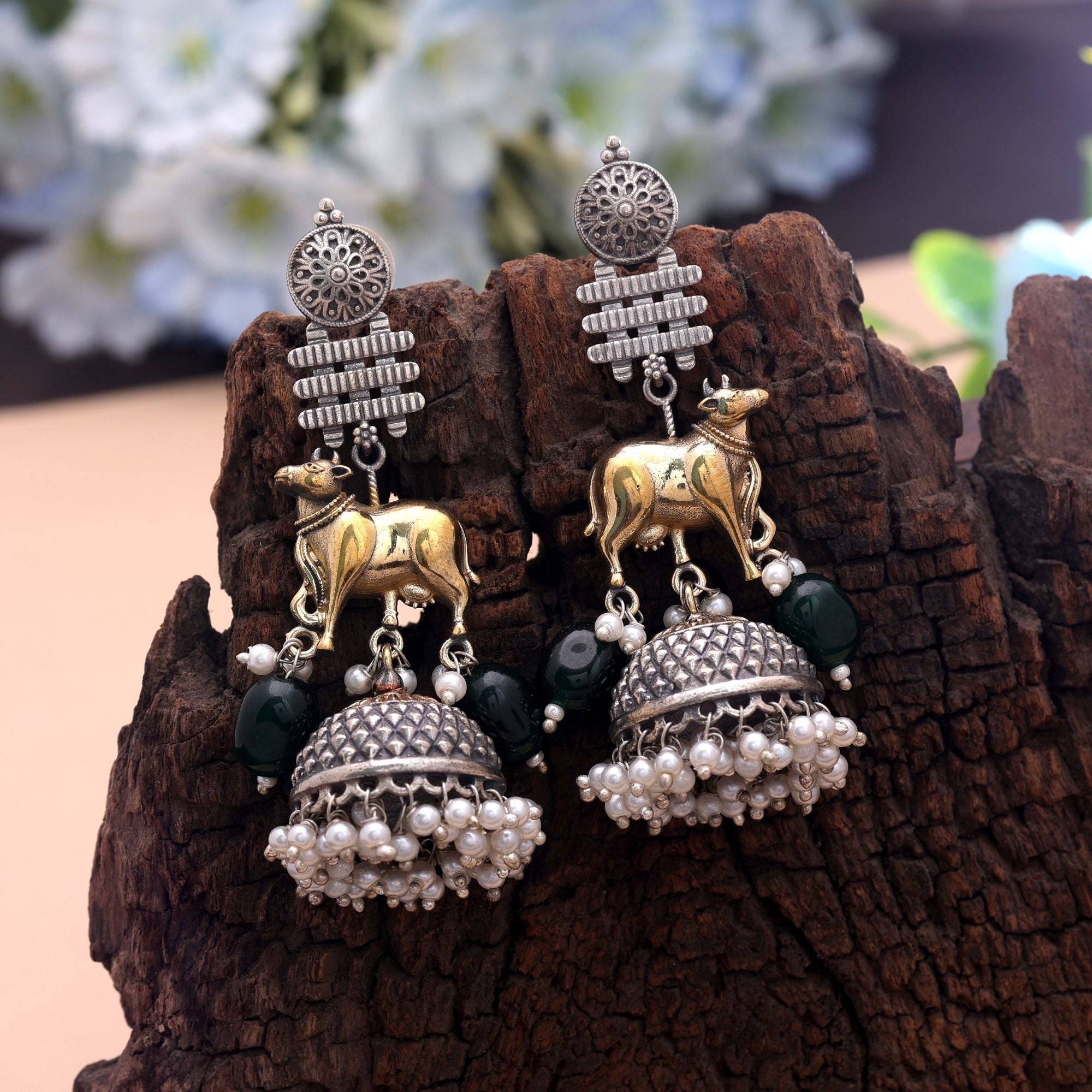 Green Color Dual Tone Oxidised Earrings