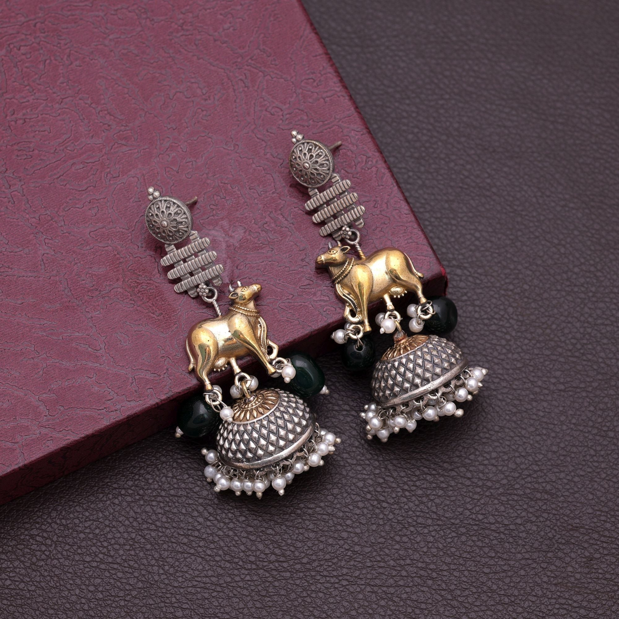Green Color Dual Tone Oxidised Earrings