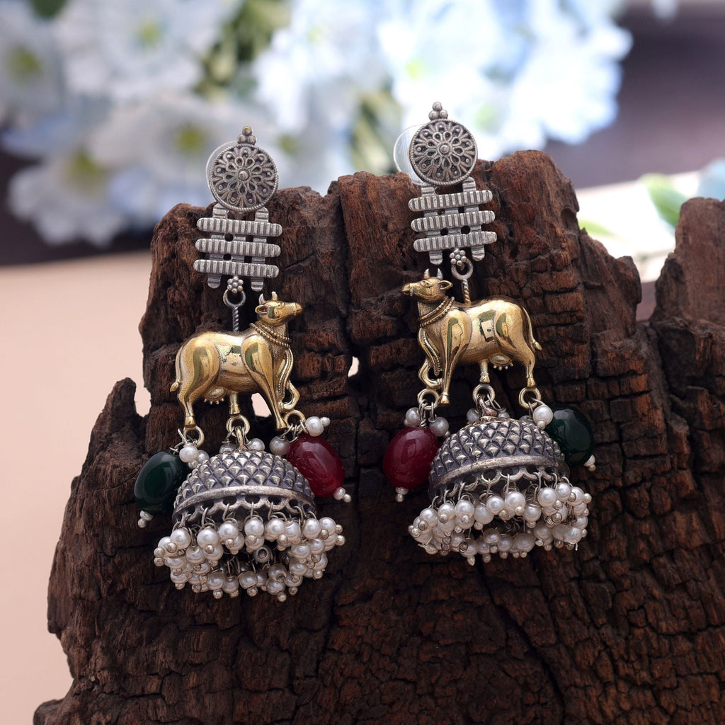 Maroon & Green Color Dual Tone Oxidised Earrings