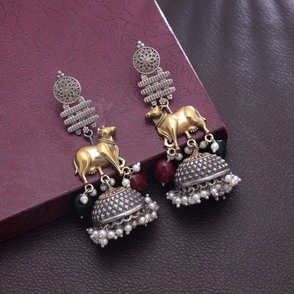 Maroon & Green Color Dual Tone Oxidised Earrings