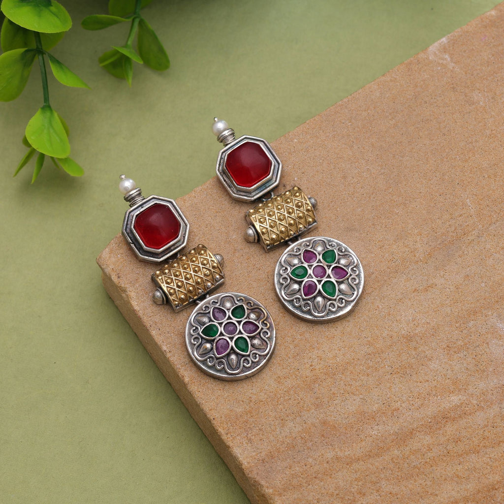 Maroon & Green Color Dual Tone Oxidised Earrings