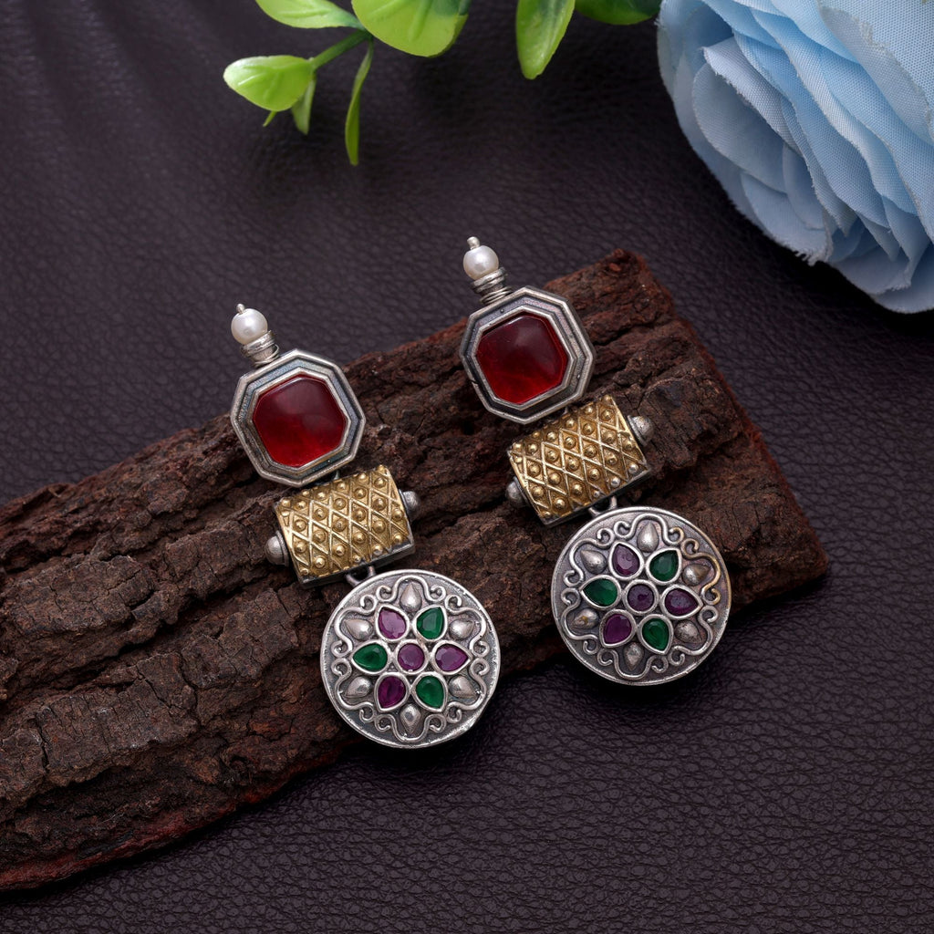 Maroon & Green Color Dual Tone Oxidised Earrings