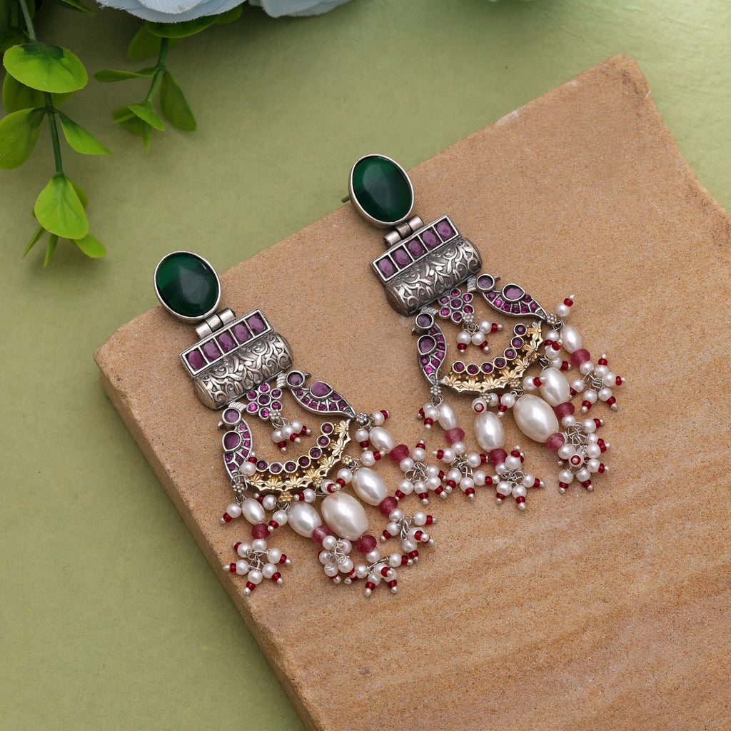 Green Color Dual Tone Oxidised Earrings