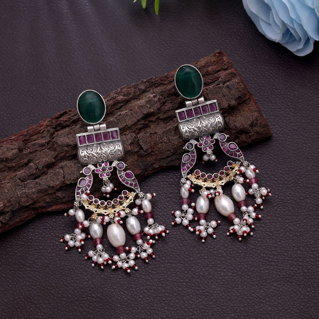 Green Color Dual Tone Oxidised Earrings