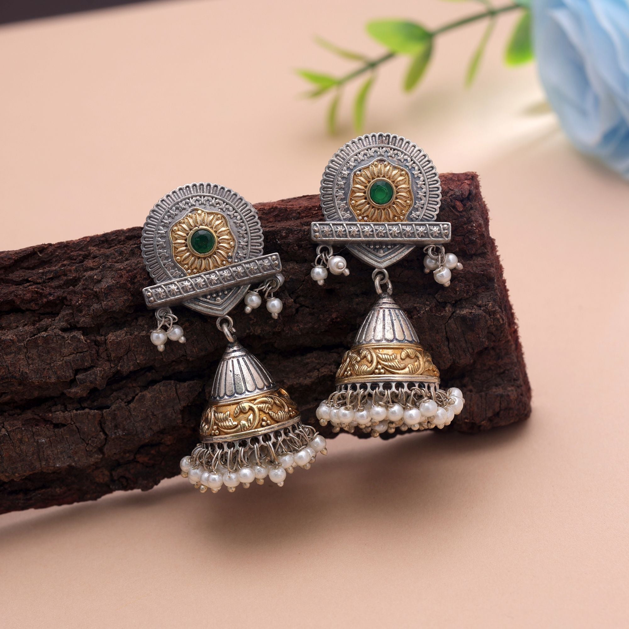 Green Color Dual Tone Oxidised Earrings