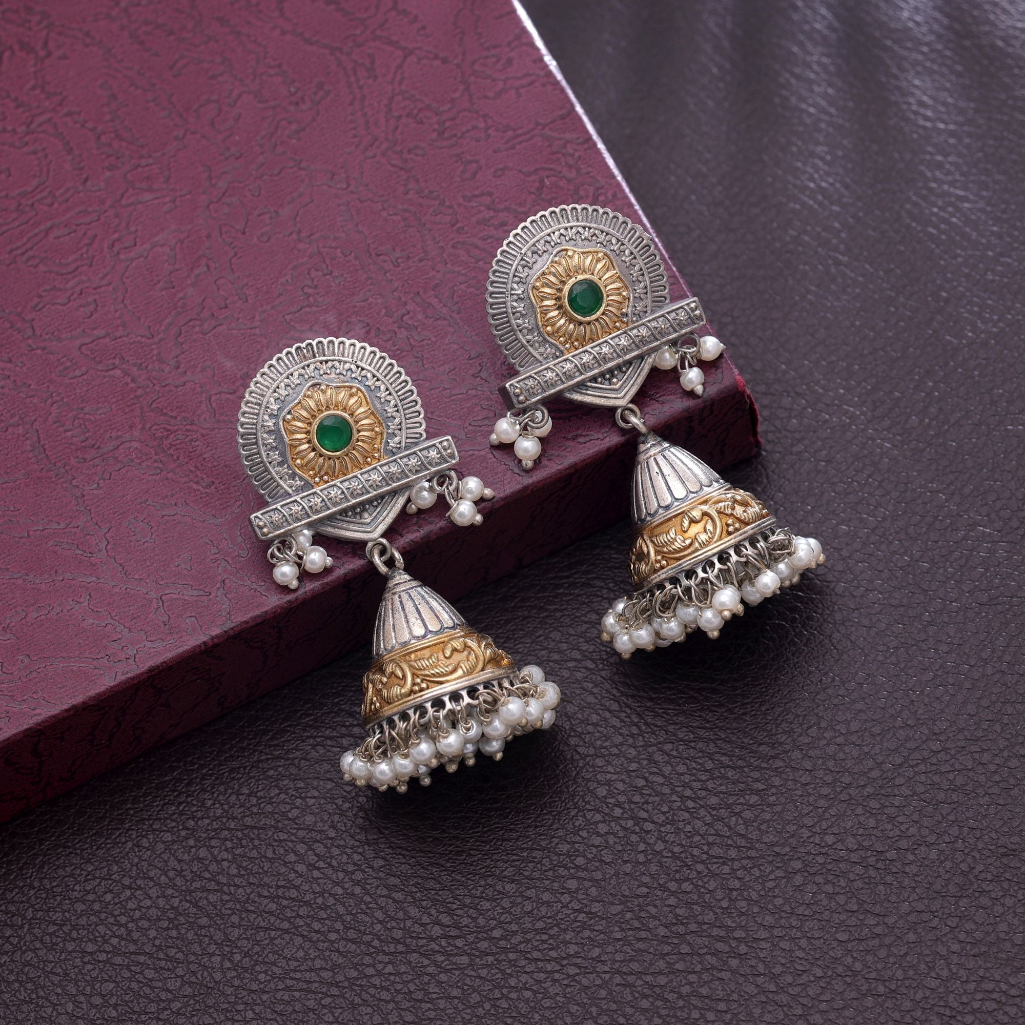 Green Color Dual Tone Oxidised Earrings