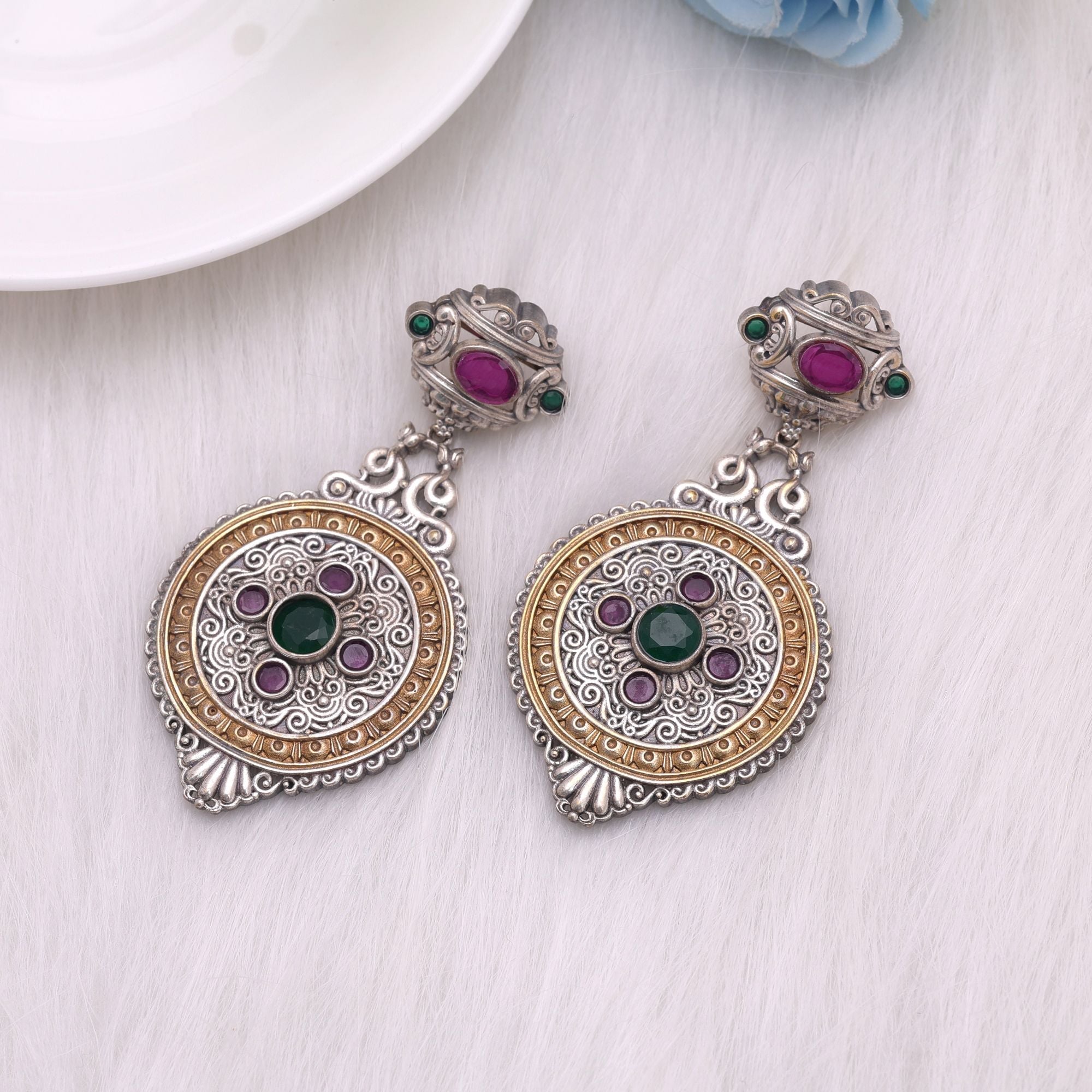 Rani & Green Color Dual Tone Oxidised Earrings