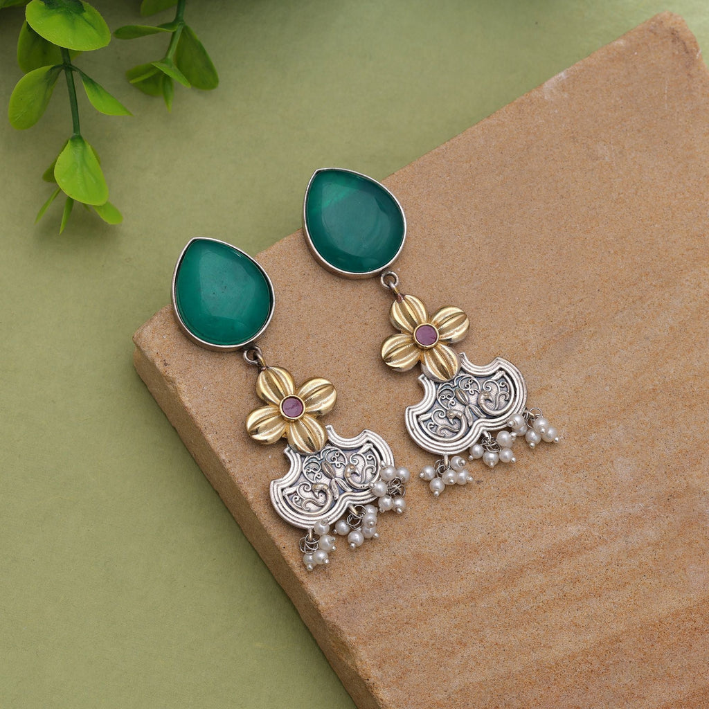 Green Color Dual Tone Oxidised Earrings