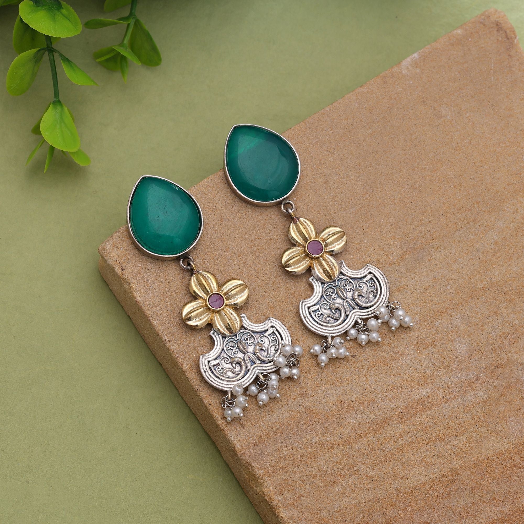 Green Color Dual Tone Oxidised Earrings