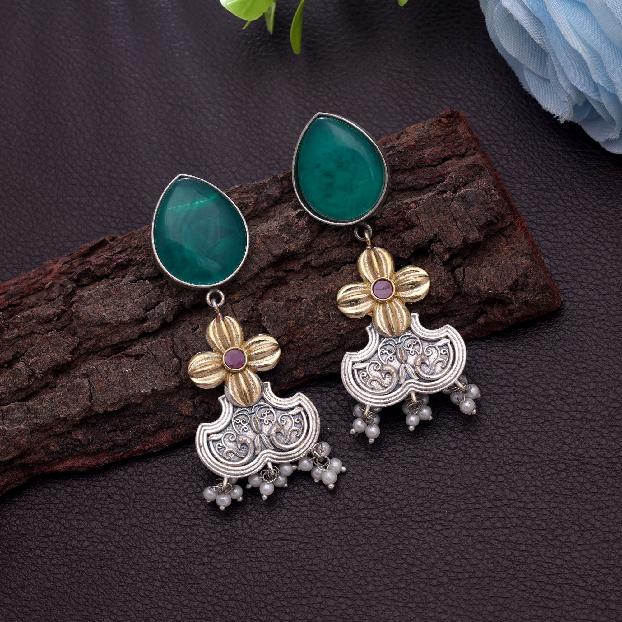 Green Color Dual Tone Oxidised Earrings