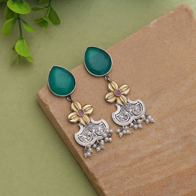 Green Color Dual Tone Oxidised Earrings