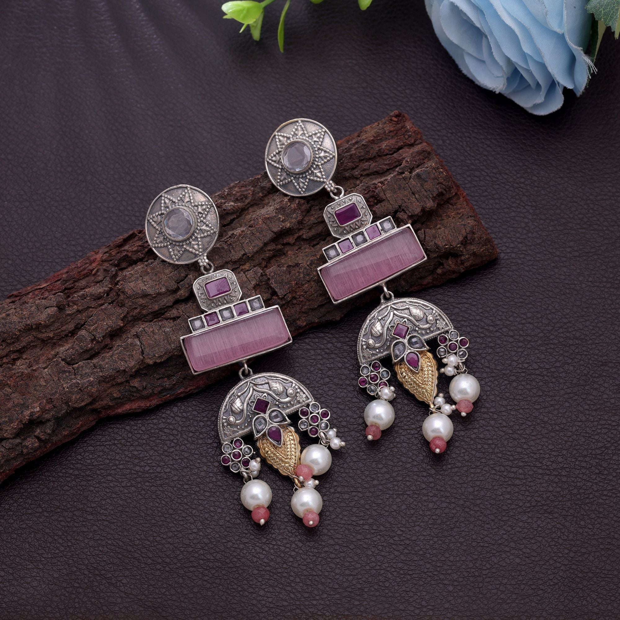 Light Pink Color Dual Tone Oxidised Earrings