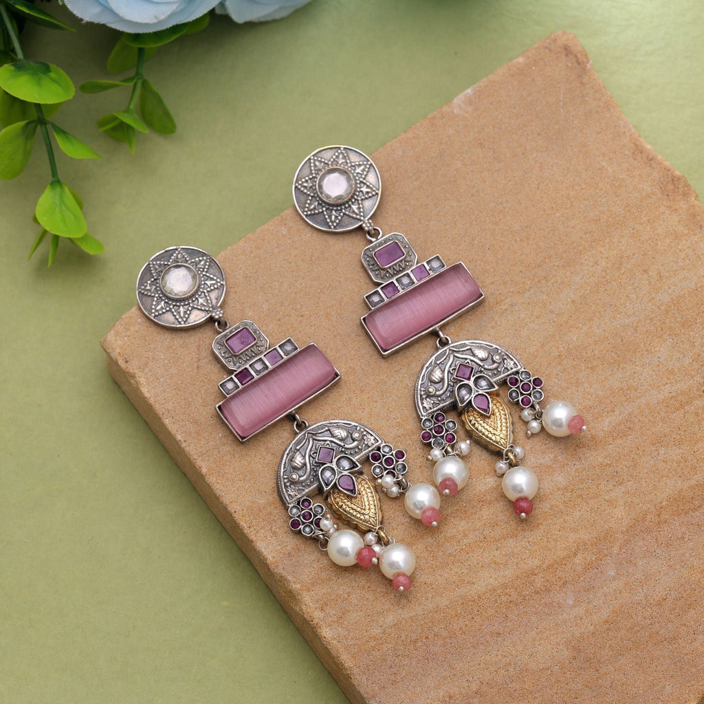 Light Pink Color Dual Tone Oxidised Earrings