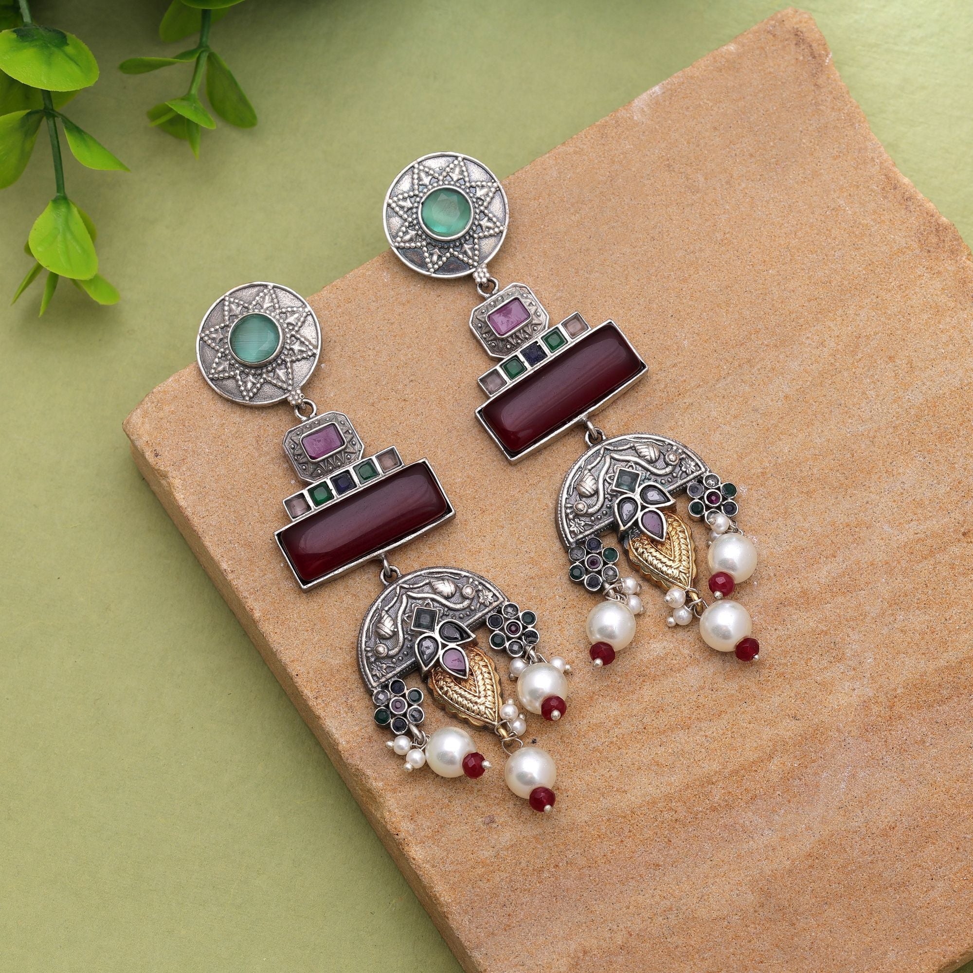 Multi Color Dual Tone Oxidised Earrings